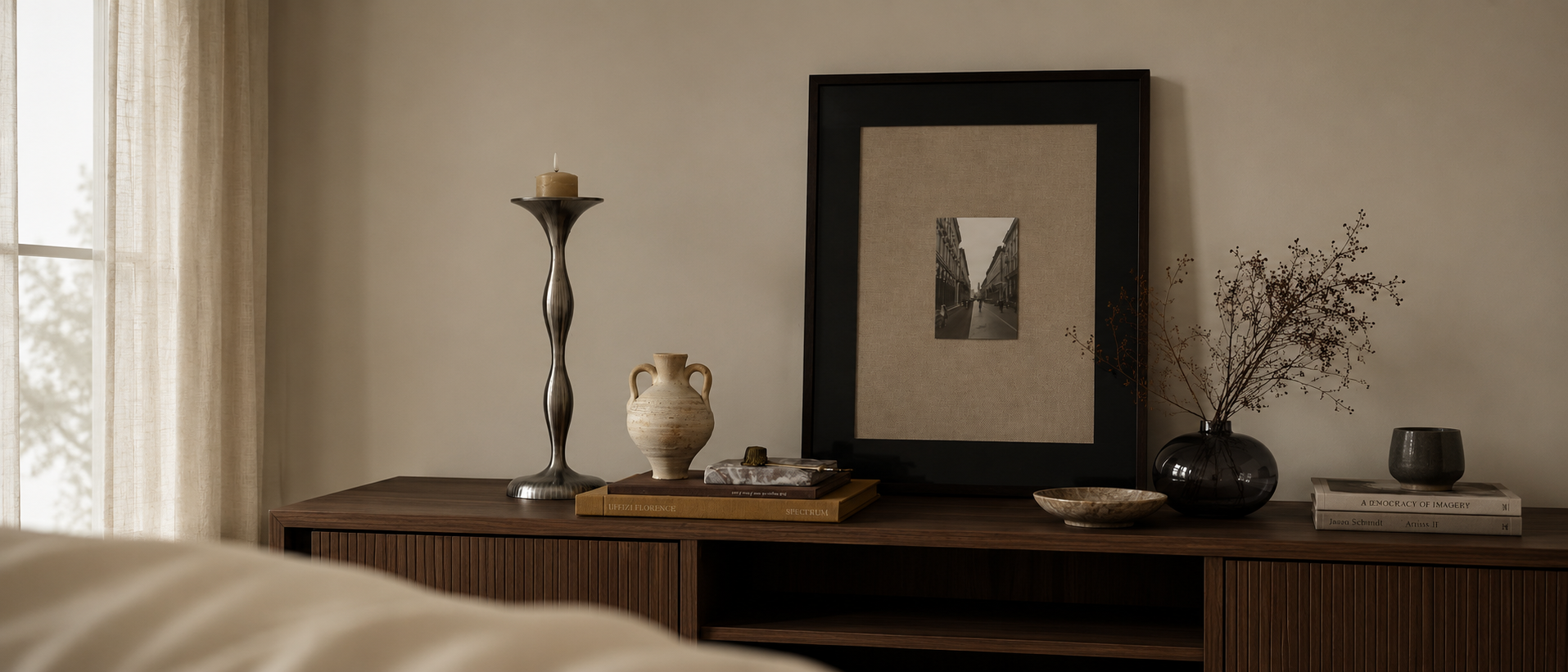 Wall accents styled within a calm and considered interior